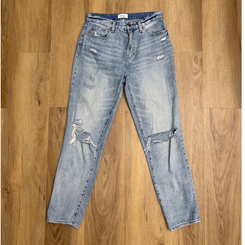 Pistola presley Distressed High Rise Straight Leg Jeans Light Wash Blue 26